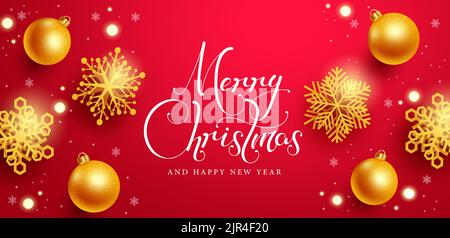 Christmas vector background design. Merry christmas greeting text with elegant gold snowflakes and balls elements for xmas holiday background. Stock Vector