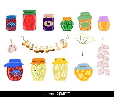 A set of preparations for the winter, jars of jam and pickles, dried mushrooms, a bundle of garlic in a cartoon style Stock Vector
