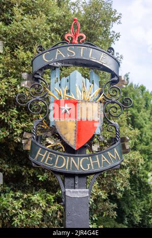 Village sign, St James's Street, Castle Hedingham, Essex, England, United Kingdom Stock Photo