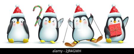 Penguin christmas characters vector set. Penguin 3d character in cute and friendly face with santa hat, gift and skate elements for xmas collection. Stock Vector
