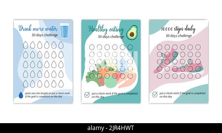Healthy lifestyle habits tracker templates set. Drink water, healthy eating and 10000 steps personal 30 days challenge blanks. Vector illustration of Stock Vector