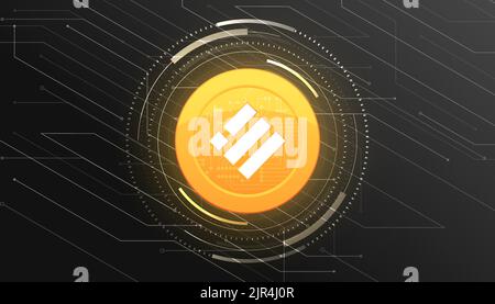 Binance USD (BUSD) crypto currency themed banner. Binance USD coin or BUSD icon on modern black color background. Stock Vector
