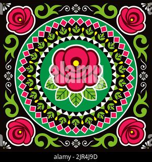 Pakistani and Indian truck art vector squre design with roses, swirls and geometric mandala on black background Stock Vector