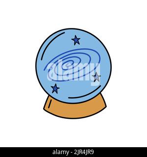 Magic ball doodle isolated. Vector hand drawn illustration of witch attribute. Colorful outline magical crystal sphere with stars. Witchcraft and fort Stock Vector