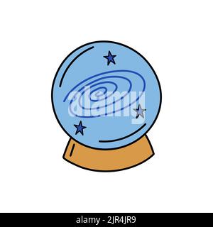 Magic ball doodle isolated. Vector hand drawn illustration of witch attribute. Colorful outline magical crystal sphere with stars. Witchcraft and fort Stock Vector