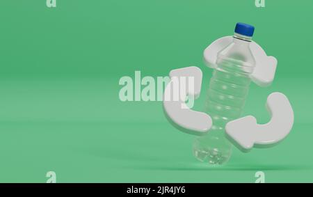 Waste plastic water bottle with a recycling symbol. 3D Rendering Stock Photo