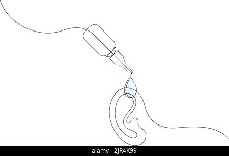 Ear drops continuous one line drawing. Earwax removing. Ear inflammations prevention. Reducing pain. Vector illustration Stock Vector