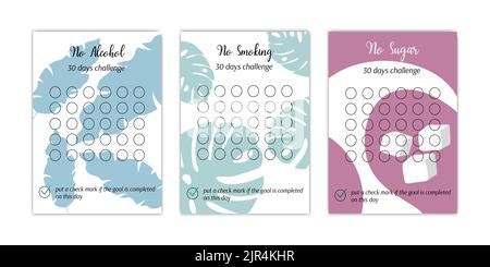 Healthy lifestyle habits tracker templates set. No alcohol, smoking and sugar personal 30 days challenge. Vector illustration of paper worksheet for m Stock Vector