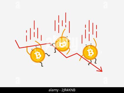 The falling of Bitcoin coins. Cryptocurrency cartoon concept. Stock Vector