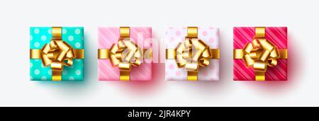 Gifts present vector set design. Gift boxes wrapped with colorful and decorative pattern in shiny gold ribbon for christmas, birthday and occasion box. Stock Vector
