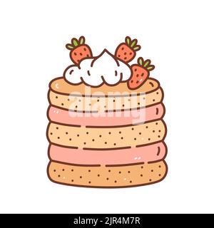 Piece of strawberry cake isolated on white background. Cute dessert decorated with berries. Vector hand-drawn illustration in doodle style. Perfect for holiday designs, cards, decorations, logo, menu. Stock Vector