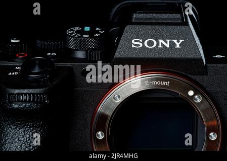 Tallinn, Estonia, May 2022. Sony Alpha 7 mark 4. Sony a7m4 Dark background. The best mirrorless cameras. Stock Photo
