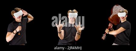 Portrait of a young man with 3D virtual reality glasses. Young man using vr headset, VR goggles Stock Photo