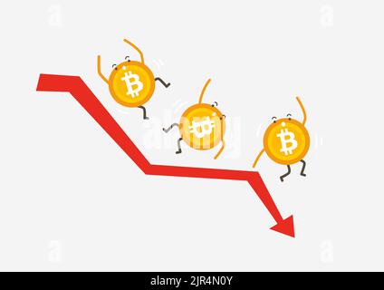 Bitcoin crash graph vector. Bitcoin price drops. Price Market Value Going Down. Cryptocurrency cartoon concept. Stock Vector