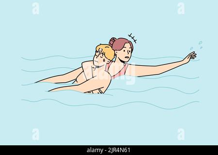 Woman saving man drowning in water. Lifeguard help guy going under in swimming pool. Emergency and rescue. Vector illustration.  Stock Vector