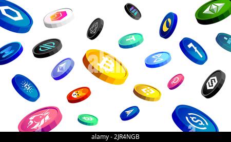 Cryptocurrency coins banner concept. Digital money falling. Stock Vector