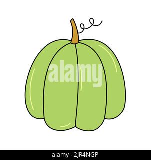 Doodle green pumpkin isolated. Colored outline vegetable. Symbol of autumn harvest and Halloween. Vector illustration of hand drawn pumpkin. Stock Vector