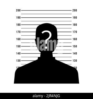Silhouette of anonymous man with question mark in mugshot or police lineup background. vector Stock Vector