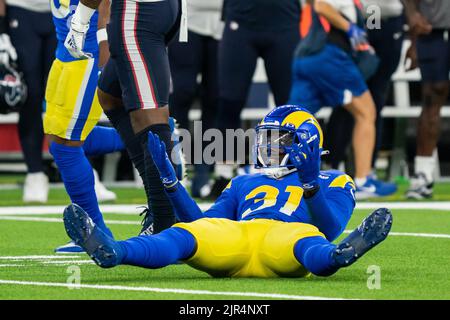 Los Angeles Rams cornerback Robert Rochell (8) takes his stance during an  NFL preseason football game against the Las Vegas Raiders, Saturday, Aug.  19, 2023, in Inglewood, Calif. (AP Photo/Kyusung Gong Stock