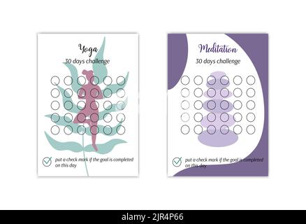 Yoga and meditation habits tracker templates set. Personal 30 days challenge. Healthy lifestyle habit tracker blanks. Vector illustration of paper wor Stock Vector
