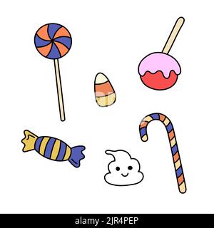 Halloween sweets doodles set. Vector illustration of cute hand drawn holiday desserts isolated. Traditional homemade candies for Halloween celebration Stock Vector