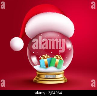 Christmas crystal ball vector design. 3d realistic snow ball with santa hat and gift boxes elements in red background for xmas ornament decoration. Stock Vector
