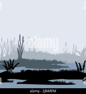 Fog in swamp. Thickets of reeds. Swamp landscape. View of the river bank. Silhouette picture. Vector. Stock Vector
