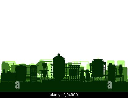 Eco-friendly industry. Production plant. Silhouette objects. Industrial technical equipment. Seamless composition. Factory chemical Modern technology Stock Vector