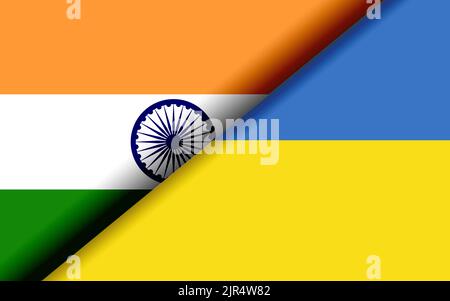 Flags of India and Ukraine divided diagonally. 3D rendering Stock Photo