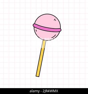 Pink lollipop in the style of the 90s. Sweet candy. Vector hand-drawn doodle illustration isolated on white background. Nostalgia for the 1990s Stock Vector
