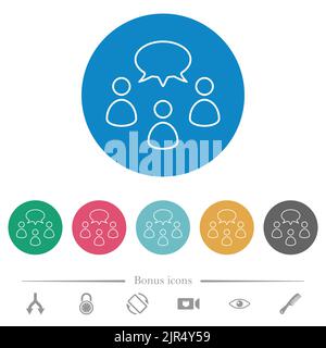 Three talking persons with oval bubble outline flat white icons on round color backgrounds. 6 bonus icons included. Stock Vector