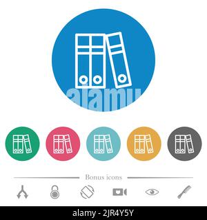 Document folders flat white icons on round color backgrounds. 6 bonus icons included. Stock Vector