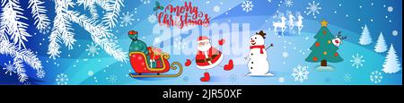 Merry Christmas and Happy Winter Holidays, vector banner. Santa and snowman with gifts, Christmas tree, sleigh and deer Stock Vector