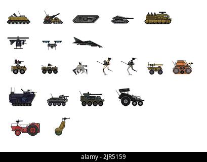 A pixel art of military and construction vehicles and technique set Stock Vector