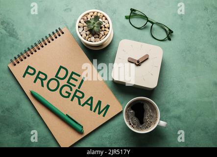 Notebook with text DE and I (diversity, equity, inclusion) program, pen, alarm clock, eyeglasses and cup of coffee on green background Stock Photo