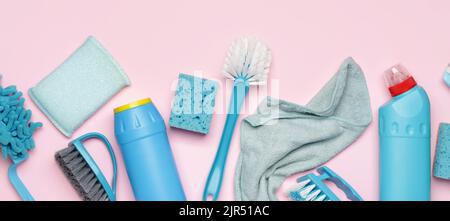 Set Of Cleaning Supplies On Pink Background House Cleaning Service And  Housekeeping Concept Flat Lay Top View Stock Photo - Download Image Now -  iStock