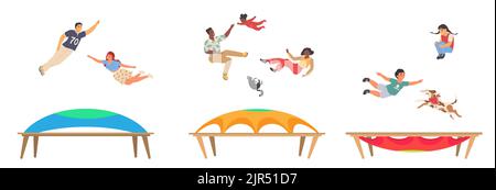 People jumping trampoline vector scene set. Happy couple, family, children bouncing and having fun together. Leisure time and outdoor activity enterta Stock Vector