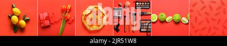 Collection of different items on red background Stock Photo