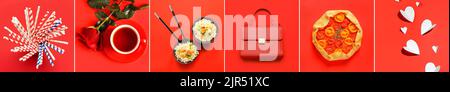 Collage of different items on red background Stock Photo