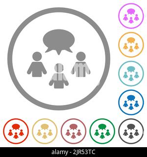 Three talking persons with oval bubble solid flat color icons in round outlines on white background Stock Vector
