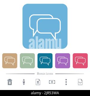 Two rounded square chat bubbles outline white flat icons on color rounded square backgrounds. 6 bonus icons included Stock Vector