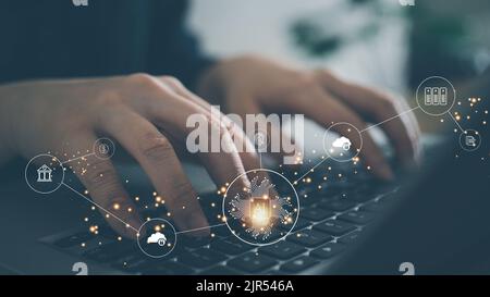 AI chip and new technology bigdata and business design concept with fingerprint system,  cloud computing and online smart industry storage. Stock Photo