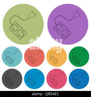 Portable electrical outlet with two sockets and extension cord and plug outline darker flat icons on color round background Stock Vector