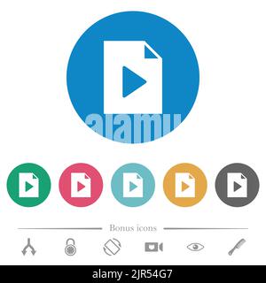 Playlist solid flat white icons on round color backgrounds. 6 bonus icons included. Stock Vector
