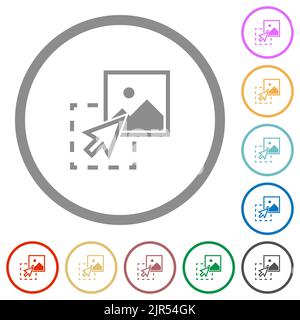 Drag image to upload flat color icons in round outlines on white background Stock Vector