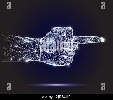 Vector polygonal art style pointing hand gesture. Low poly wireframe mesh with scattered particles and light effects on dark blue background. Poster b Stock Vector