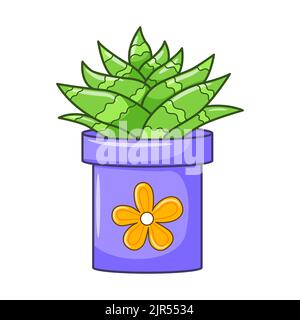 Vector cartoon aloe in pot. Indoor succulent plant with fleshy leaves. House plant for home and interior. Colorful botanical doodle illustration isola Stock Vector