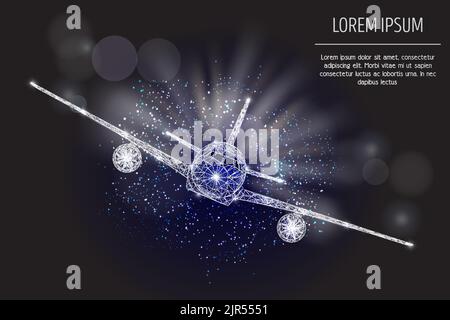 Vector polygonal art style airliner. Airplane low poly wireframe mesh with scattered particles and light effects on dark blue background. Airlines pos Stock Vector