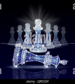 Vector polygonal art style king chess piece defeated by pawns. Low poly wireframe mesh with light effects on dark blue background. Revolution concept Stock Vector