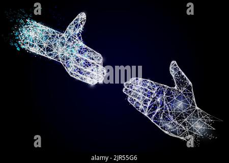 Vector polygonal art style human hands. Low poly wireframe mesh with scattered particles and light effects on dark blue background. Handshake concept Stock Vector